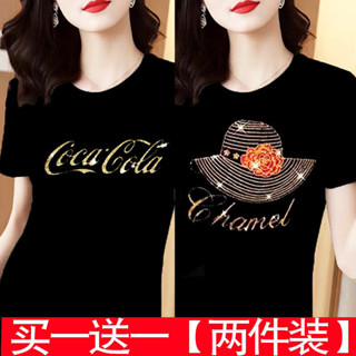 單件/兩件大碼女裝棉短袖t恤女夏季中年胖mm燙鑽半袖圓領上衣|夏季短袖T恤|大尺碼女裝|氣質媽媽裝