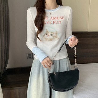 實拍大碼胖mm印花T恤女長袖秋季設計感上衣M-4XL