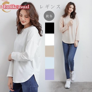 Ready Stock 女士圓領上衣純棉T恤素色簡約打底衫白色長袖T恤莫代爾基本款休閒寬鬆上衣純色Tee Baju M-