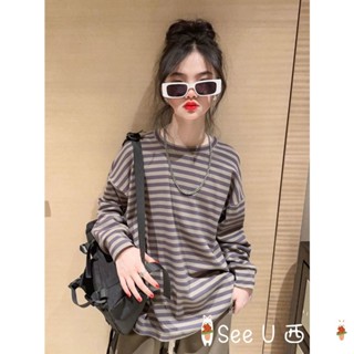 ✨See U西柚✨女童寬鬆上衣 秋季長袖 2024新款 中大童洋氣衛衣兒童春秋條紋打底衫女童長袖