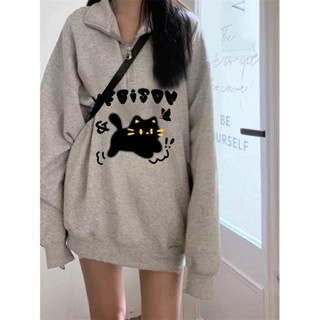 【可可李】大學T美式chic 灰色復古半拉鏈polo領 衛衣女秋冬加絨寬鬆 oversize外套 上衣薄款刷毛