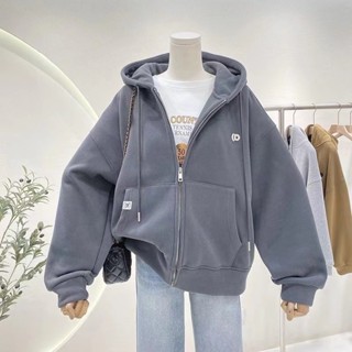 [MTT精選熱賣]加絨加厚連帽衛衣女秋冬簡約百搭寬鬆休閒oversize拉鏈開衫外套潮