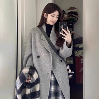 M-4XL 法式赫本風毛呢風衣外套 中長款大衣 大尺碼女裝 羊毛大衣 梨形身材 上班通勤穿搭 韓系穿搭 寬鬆顯瘦上衣