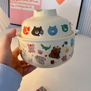 現貨高顏值奶油復古油畫 小熊大容量 帶蓋陶瓷泡麵碗 學生可愛陶瓷 雙耳湯碗飯碗