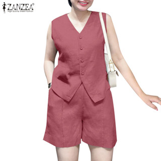 Zanzea 女式韓版 V 領鈕扣無袖口袋條紋上衣短褲