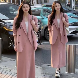 S-4XL 韓版高階感時尚氣質西裝外套半身裙兩件套 大碼女裝 大碼西裝套裝 寬鬆顯瘦西裝套裝 西服兩件套 上班穿搭