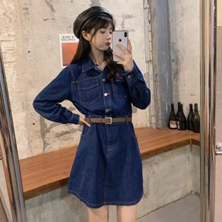 L-4XL 韓版設計感後腰顯瘦牛仔連身裙 大碼洋裝 顯瘦洋裝 A字裙 丹寧洋裝 長袖洋裝 短洋