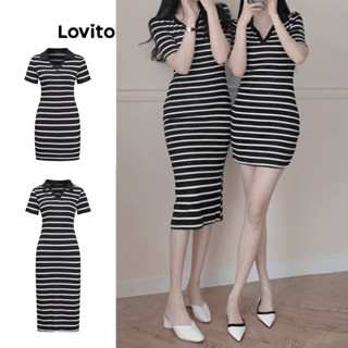 Lovito 女士休閒條紋撞色領洋裝 L95ED182
