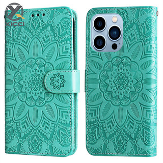 XICCI 翻蓋手機殼適用於 iPhone 16/16 Plus/16 Pro/16 ProMax 手機殼向日葵壓紋皮革