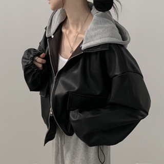 韓國chic秋冬復古洋氣拉鍊大口袋休閒寬鬆百搭短款連帽皮衣外套女