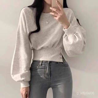 最後幾件，活動價🧧韓國chic秋季小眾設計感圓領係扣收腰顯瘦長袖短款套頭 衛衣 大學T 帽T 上衣女 5QHM