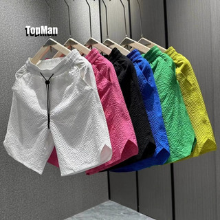 TopMan 海灘褲 男生短褲 泡泡紗顆粒感五分褲 cleanfit 黑白藍粉色 休閒短褲男