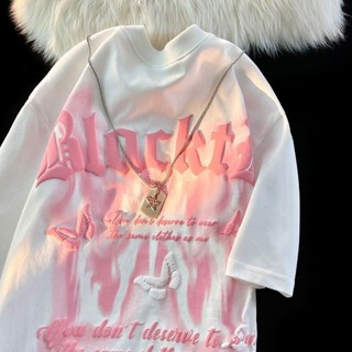 櫻桃の衣櫃👚100%薄款美式印花蝴蝶短袖t恤女2024夏季ins潮牌寬鬆高街上衣
