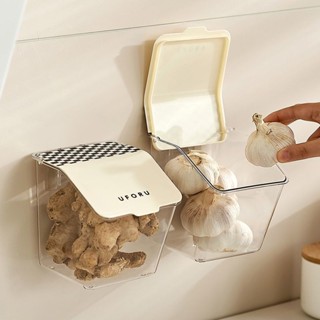 廚房薑蒜收納 廚房免打孔壁掛式收納盒 生薑帶蓋大蒜置物架 壁掛收納掛籃 廚房收納架