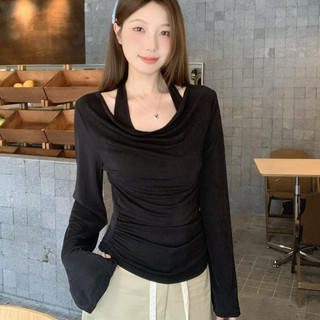 實拍大碼胖mm設計感假兩件掛脖上衣秋季長袖T恤M-4XL