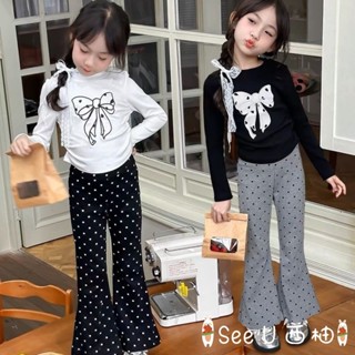 🌈甜美的女孩必入！女童韓版 洋氣套裝 春秋新款 寶寶彈力修身喇叭褲兩件套 蝴蝶結上衣 點點微喇褲 兒童休閒百搭