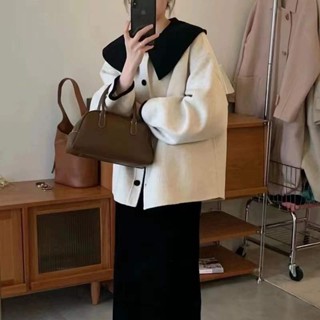 【HOT 本舖】 撞色娃娃領加厚毛呢外套大衣女秋冬高階感寬鬆洋氣大翻領夾克上衣