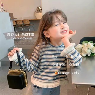 Orange Kids🍊女童長袖 女童上衣 2024秋季新款童裝條紋長袖女寶寶T恤袖口圓領流蘇設計百搭女童T恤