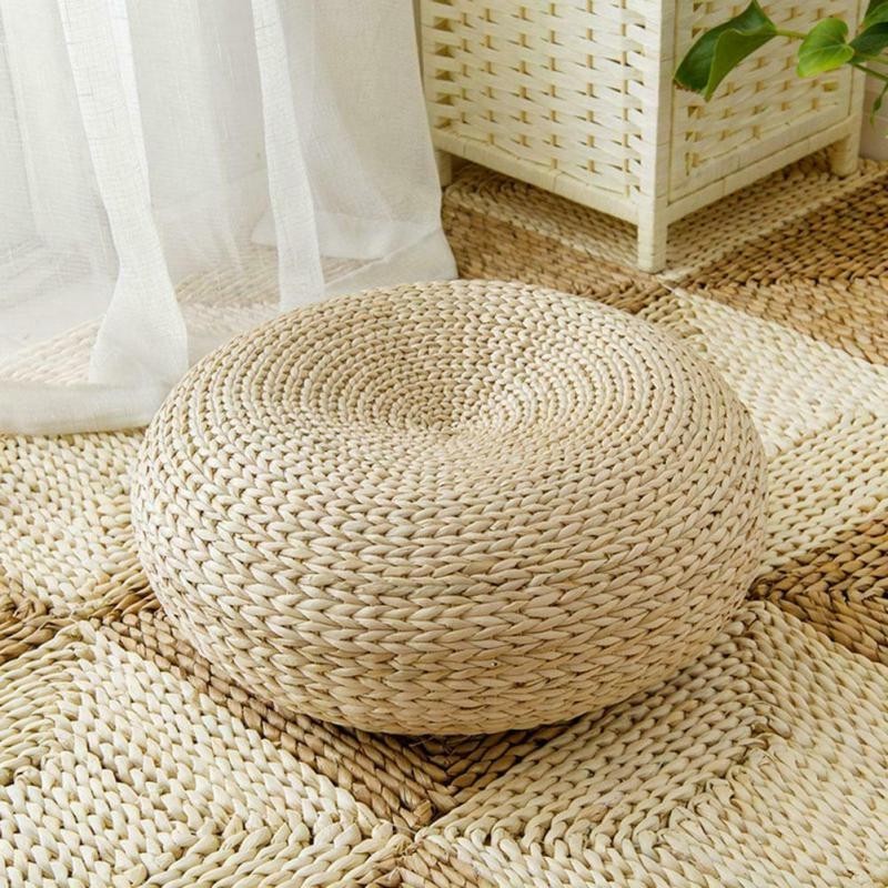 Hot Cushion 天然稻草圓形坐墊榻榻米靠墊編織手工枕頭地板日式絲綢靠墊家紡