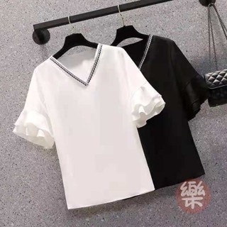 300斤特超大碼短袖V領t恤女裝胖mm新款夏季半袖韓版寬鬆顯瘦上衣 夏季短袖 寬鬆短袖t恤 韓版t恤 【PAPA】