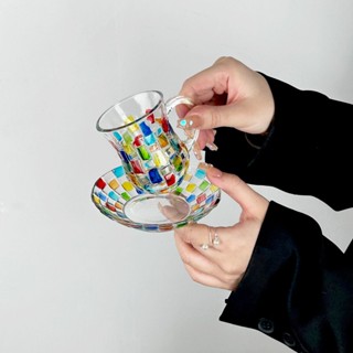 高顏值咖啡杯 威士忌ins彩繪玻璃杯 家用彩虹酒杯