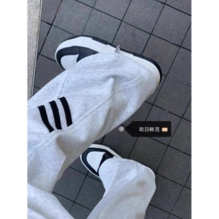 S-4XL 大尺碼純棉白灰色休閒衛褲子女春秋寬鬆bf慵懶風美式條紋運動束腳褲長褲