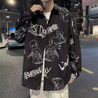 NANS 臺灣現貨 長袖襯衫 春季新品卡通動漫襯衫翻領提花男士夾克韓版情侶寬鬆潮流青年外套