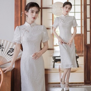 【桃喜Rich現貨】旗袍敬酒服 新娘訂婚禮服 白色連衣裙 高階感氣質洋裝 新中式洋裝 日常可穿蕾絲裙 白色旗袍