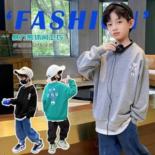 秋季新款男大童T恤長袖上衣潮流休閒卡通印花大學T2025大童圓領長袖T恤大尺碼寬鬆打底衫2025年