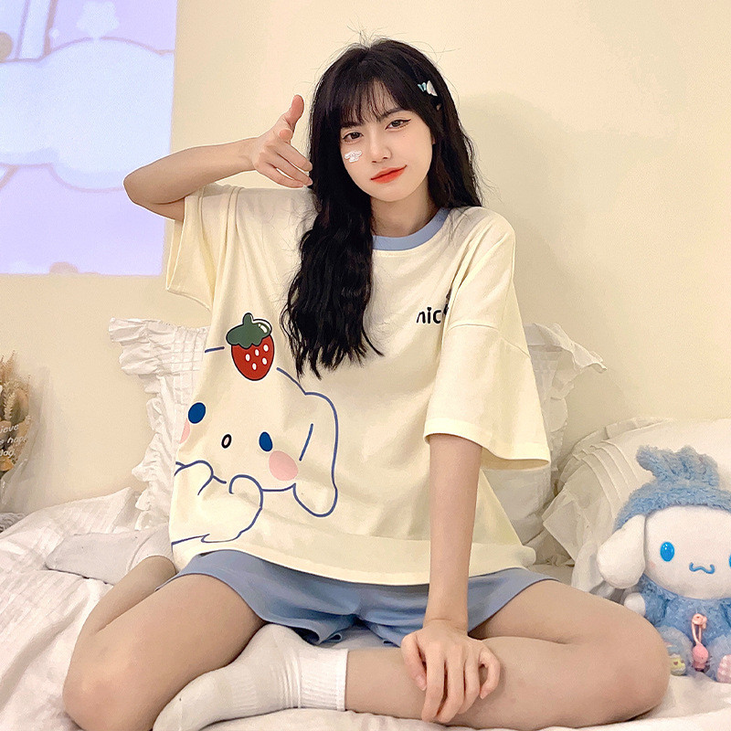 睡衣  家居服套裝  卡通玉桂狗睡衣  少女可愛睡衣 夏季睡衣女短袖卡通玉桂狗睡衣少女ins風短褲夏天高級家居服套裝