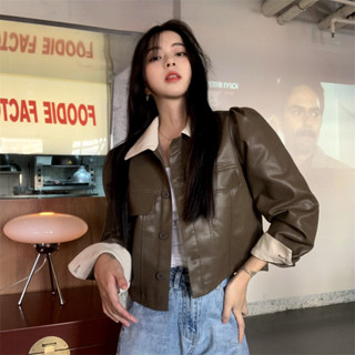 PU皮衣外套女秋季新款撞色翻領短款寬鬆長袖夾克