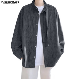 Incerun 男士韓版時尚長袖寬鬆純色設計襯衫