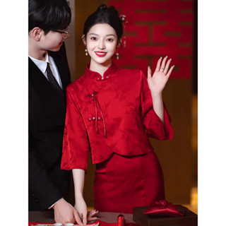 【桃喜Rich現貨】中式復古敬酒服 秋季新娘回門訂婚服 領證聚會紅色旗袍 國風女旗袍秀禾服嫁衣 新中式女裝