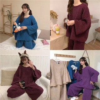 S-4XL 大碼女裝 大尺碼睡衣 秋冬季新款長褲珊瑚絨圓領加厚保暖家居服大碼兩件套慵懶風睡衣女