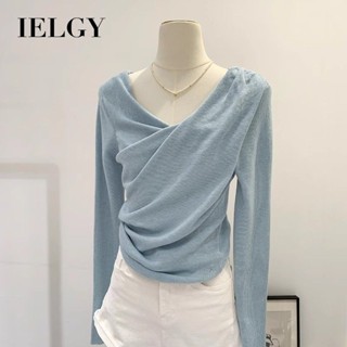 IELGY V領百褶長袖針織T恤女2025秋季新款修身上衣