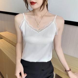 實拍！蕾絲吊帶背心女夏西裝內搭2024年真絲緞麵打底黑色性感上衣