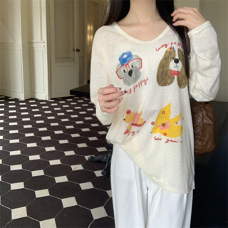 【HOT 本舖】 實拍 真 秋季新款可愛狗狗印花長袖T恤寬鬆慵懶風女上衣