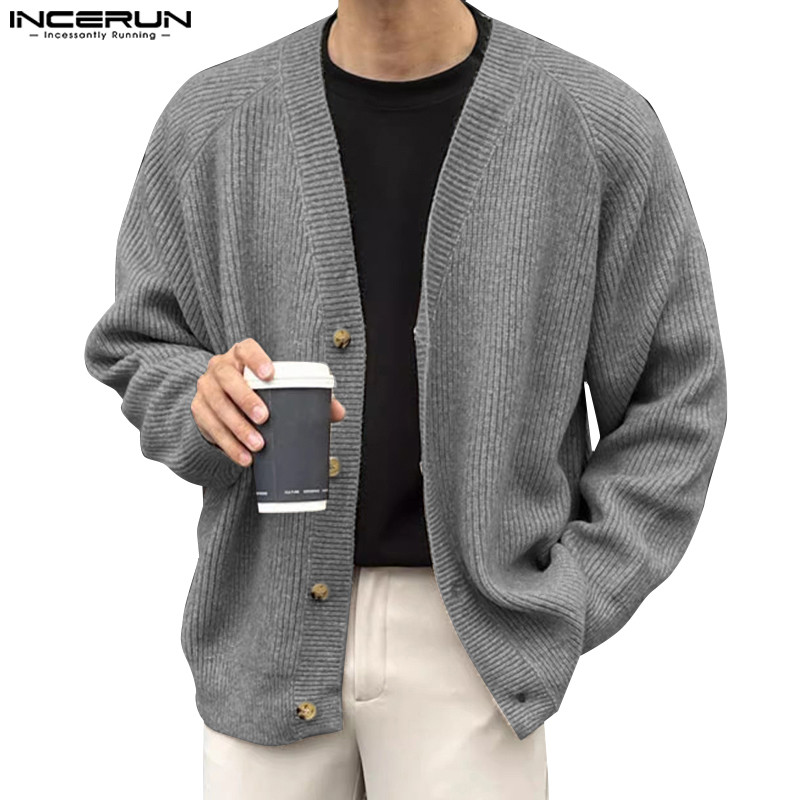 Incerun 男士韓版休閒V領長袖條紋純色和服