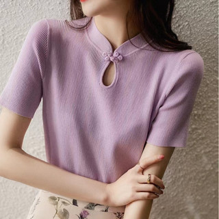 Lovely Store 新款女式冰絲針織衫,改良旗袍配盤扣中式複古短袖女式T恤上衣