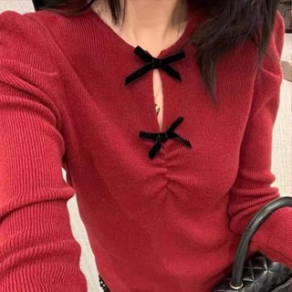 衣時尚針織上衣 毛線衣 打底衫 保暖 新款法式高階感蝴蝶結軟糯羊毛針織打底衫TBF07-6804.