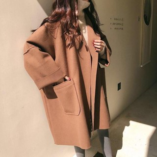 冬天外套 韓版外套 防風外套（高質量）yxbb大碼女裝200斤毛呢風衣外套女秋冬韓版胖妹妹寬鬆中長款呢子