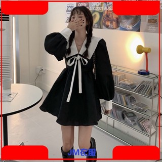 JM⭐ 時尚長袖連衣裙女裝春秋季2024新款黑色洋裝小個子設計感海軍領長袖洋裝娃娃領洋裝