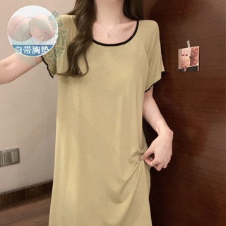 短袖睡裙夏季女款2024新款莫代爾帶胸墊夏天冰絲性感露背家居服夏 韓版簡約睡裙 夏天睡衣 清涼純色短袖睡裙【韓衣秀】