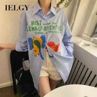 IELGY 可愛印花藍色長袖襯衫女式寬鬆 Polo 領上衣