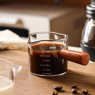 [C09013]咖啡杯玻璃奶盅加厚帶刻度高硼矽玻璃量杯帶刻度有手柄耐高溫家用意式濃縮咖啡萃取量杯防燙木柄盎司杯