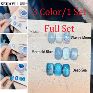 XEIJAYI 3 色/1 套貓眼指甲油凝膠套裝冰川月亮美人魚藍色深海貓眼光療膠美甲美甲店