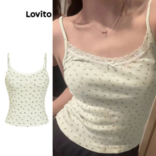 Lovito 休閒小碎花撞色領羅紋針織圖案女式背心 L100MD001