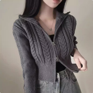 【HOT 本舖】 韓國chic秋冬復古麻花紋氣質雙拉鏈翻領短款毛衣外套女針織開衫潮
