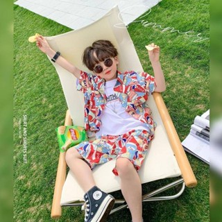 ✨Oh Baby✨臺灣現貨 男童短袖套裝 冰感花襯衫男女童沙灘服男童套裝舞蹈服裝中大童夏季童裝薄款兒童短袖