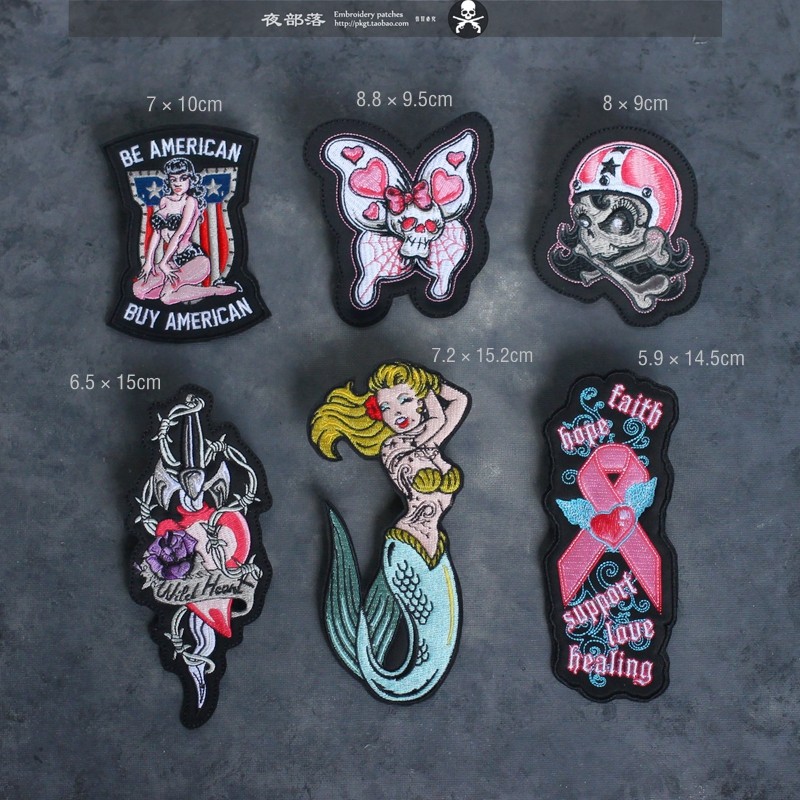 客製機車美女skull刺繡縫補貼皮衣臂章車3M粘貼魔術貼